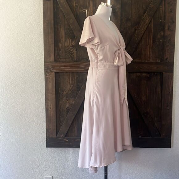 Satin V Neck Ruffle Short Sleeve Tie Front High Waist Midi A-Line Long D… - Picture 5 of 12